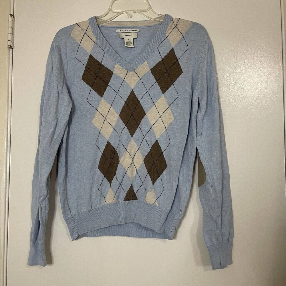 GANT Argyle Diamond Light Blue Silk Blend Vneck Preppy sweater size Small
